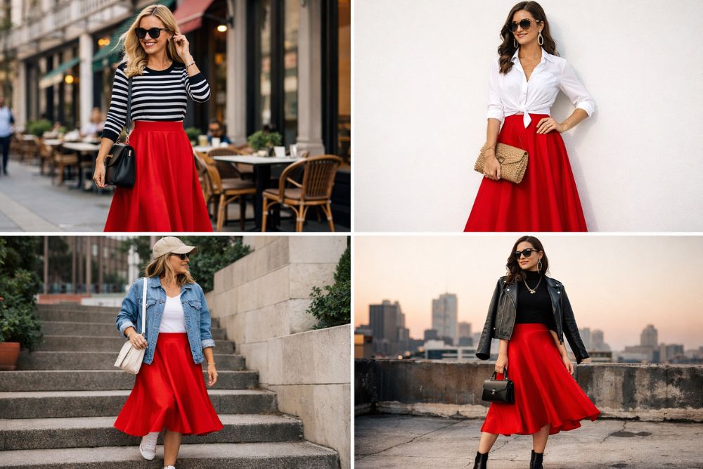 how to style a red midi skirt