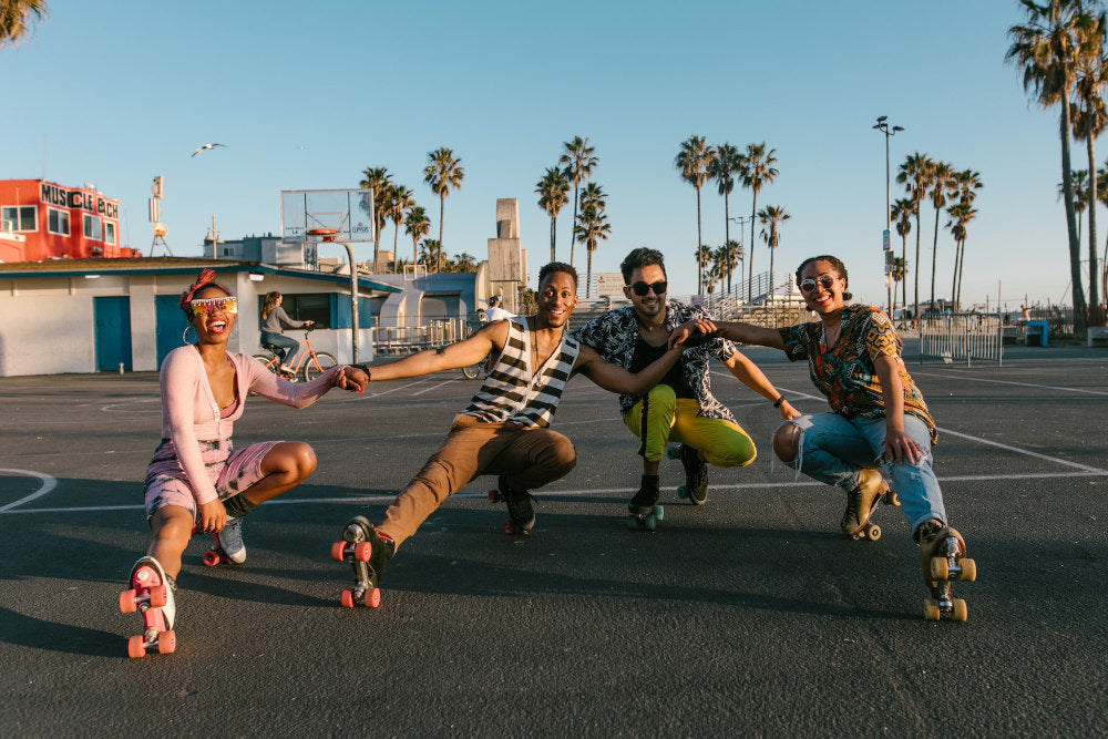 a group of friends on a roller skating date wearing inspiring outfits