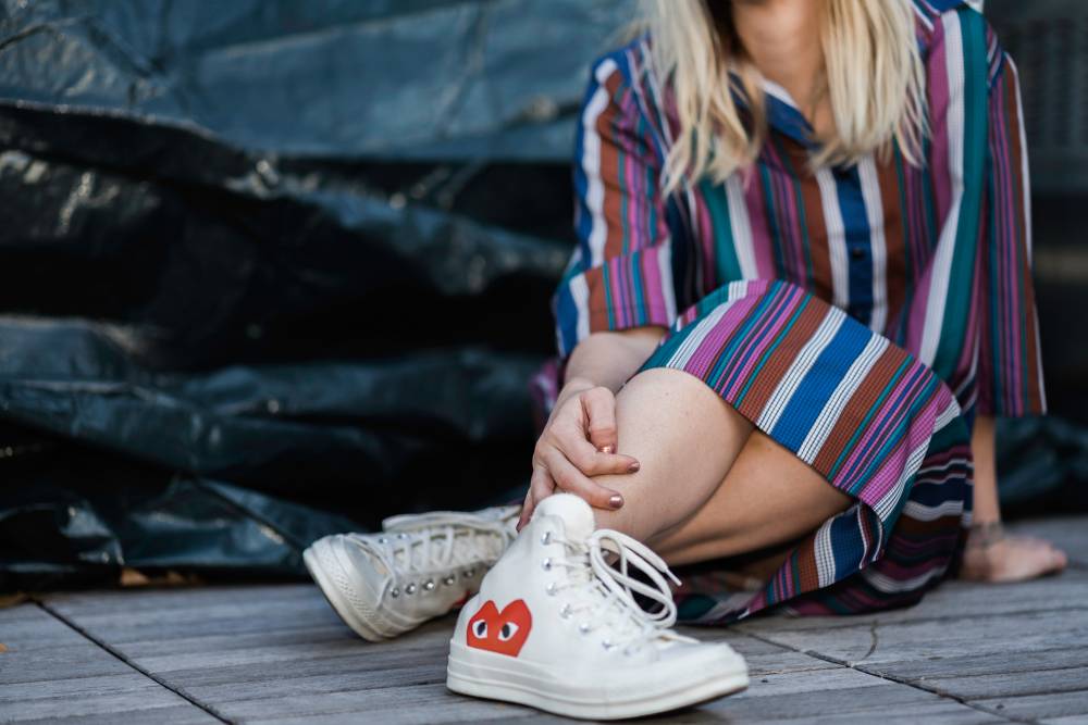 white shoes colorful dress